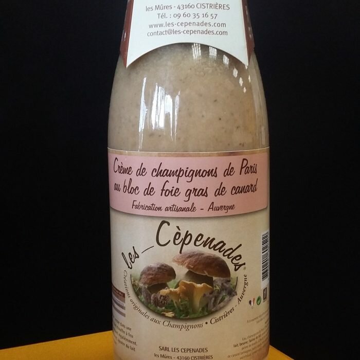 Crème de champignons de Paris au bloc de foie gras Les cèpenades