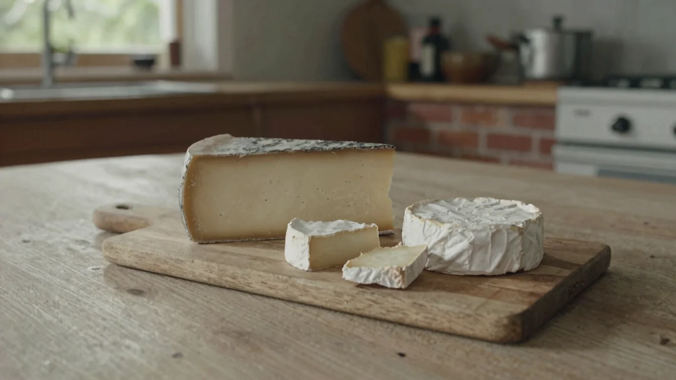 Close documentary photograph of a wooden cheese board with Cantal