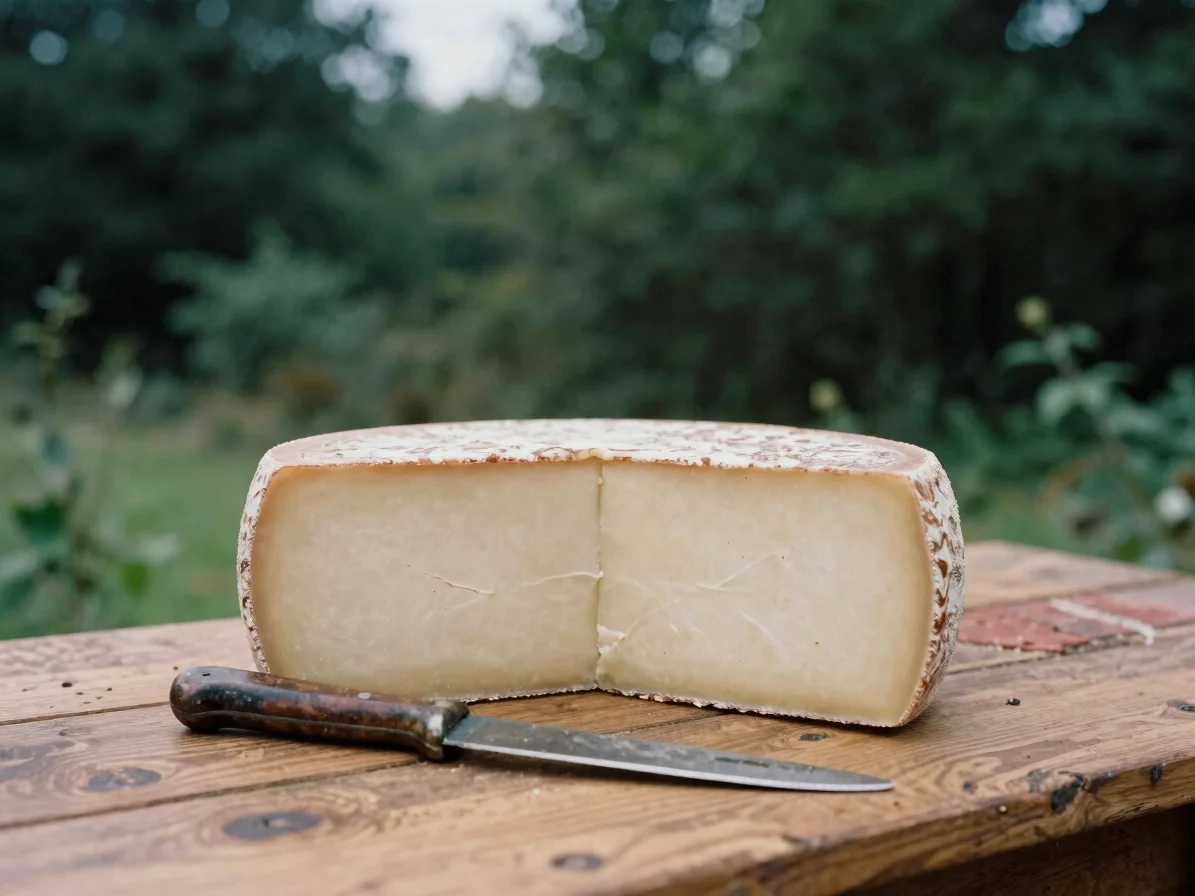 Close documentary photograph of a Salers cheese wheel beside a ru