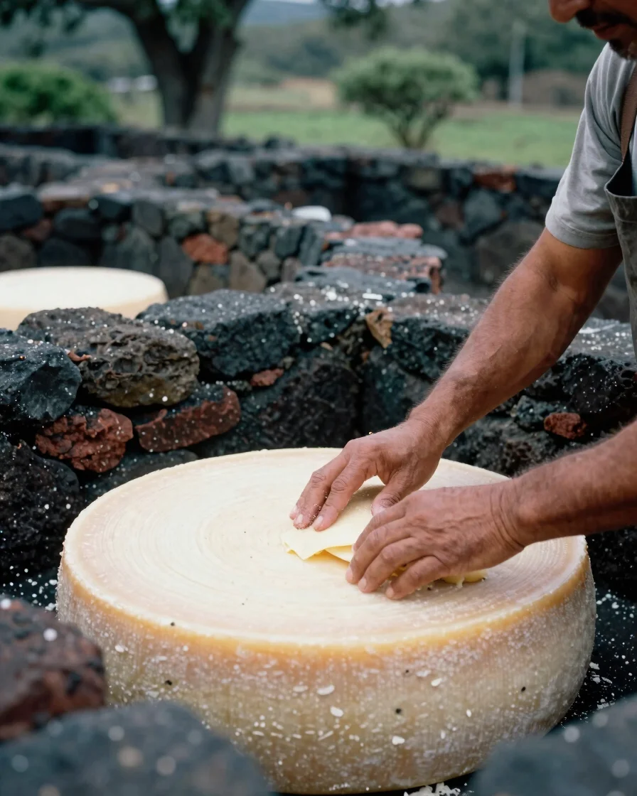 Documentary photograph of a farmer's hands tending a cheese in a traditional stone cellar, soft natural daylight, volcan