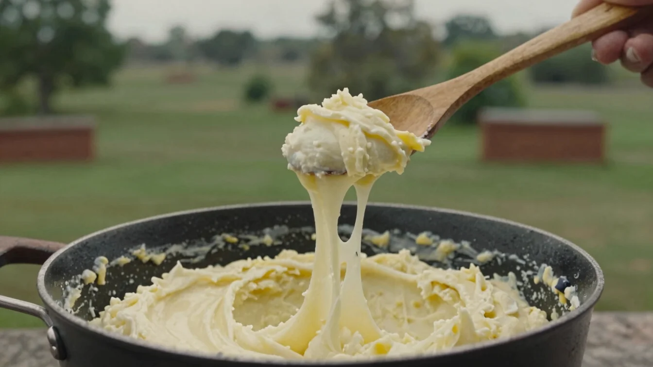 Close view of a wooden spoon lifting stretchy melted cheese and m