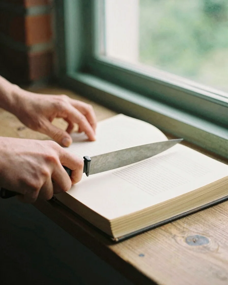 Hands cutting fresh tome on a wooden board beside a window, soft natural daylight, cream and forest green palette, close