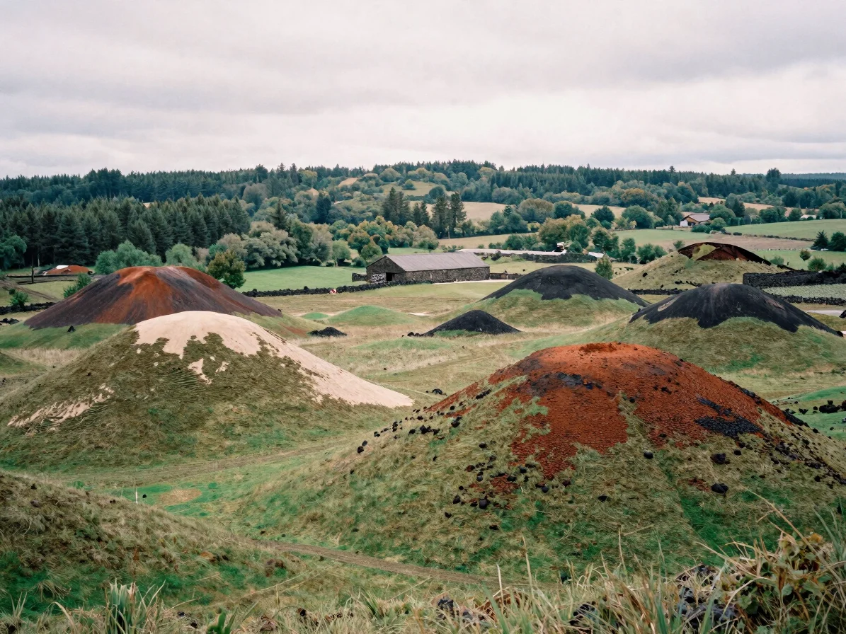 Wide documentary landscape of the Chaîne des Puys under soft over