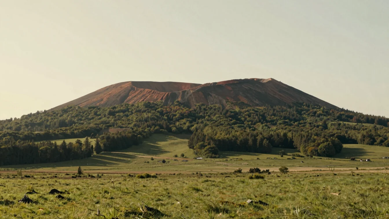 Large landscape of a Puy de Dôme style volcanic ridge and green p