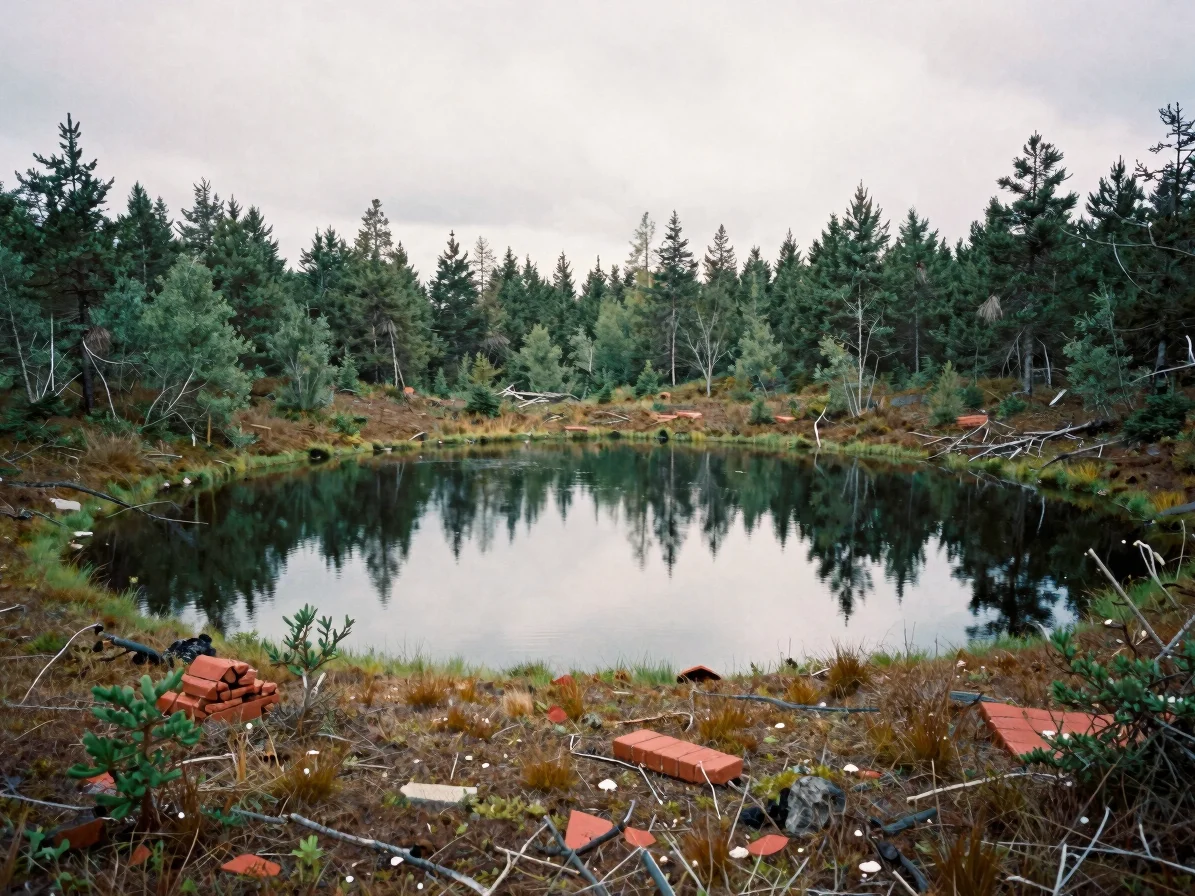 Small high-altitude volcanic lake surrounded by peat bog and low