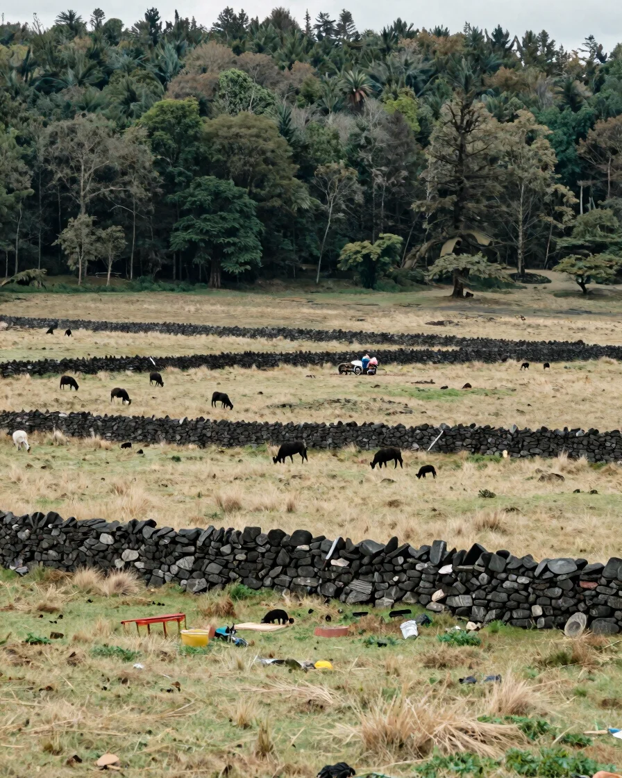 Quiet volcanic plateau with a dry-stone wall and grazing pasture, soft overcast daylight, documentary framing of everyda