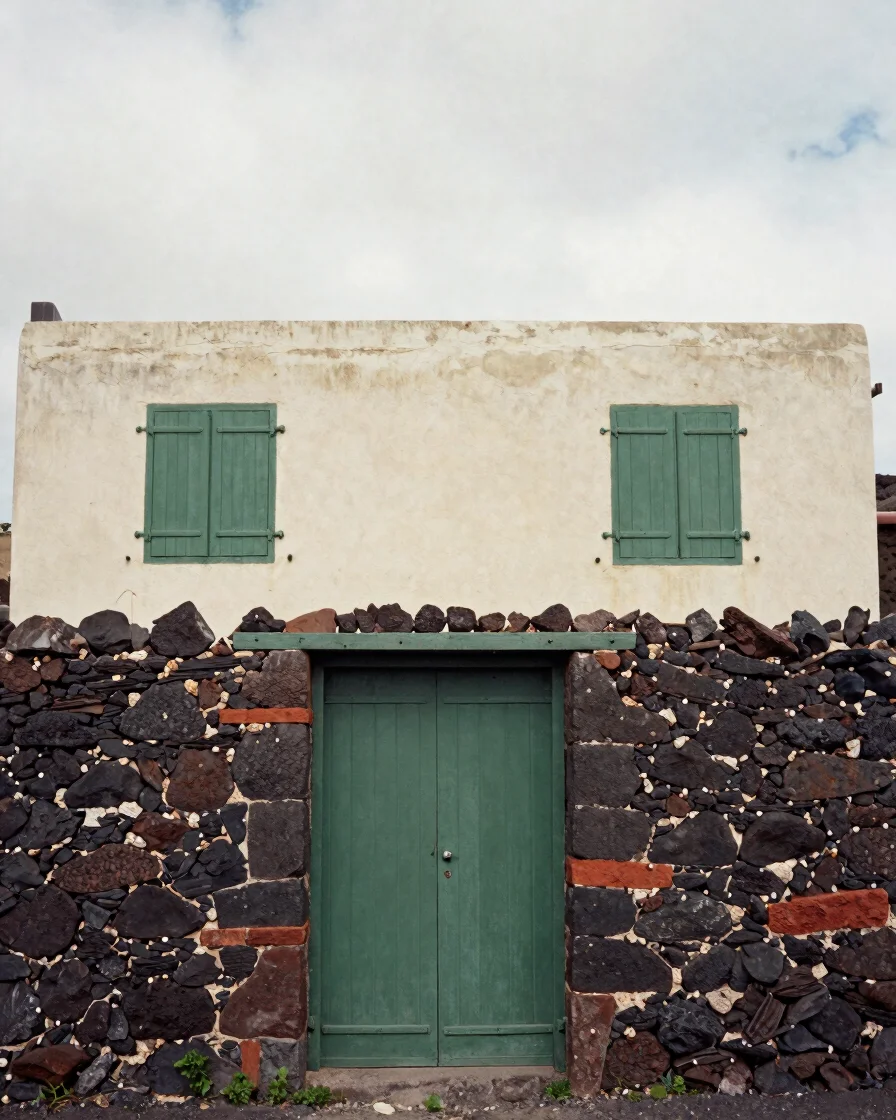 Documentary photograph of a weathered dark volcanic-stone village