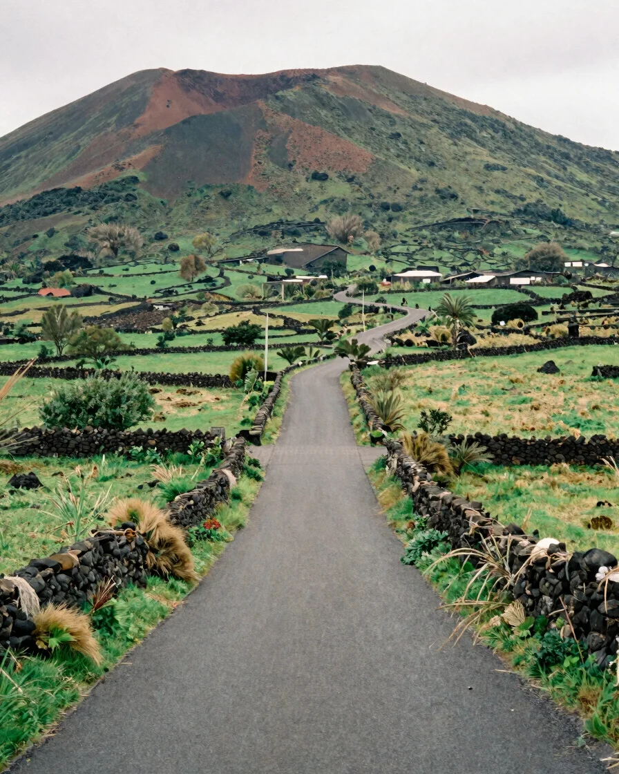 Documentary photograph of a narrow country road winding between pastures and dry-stone walls below a volcanic ridge, sof