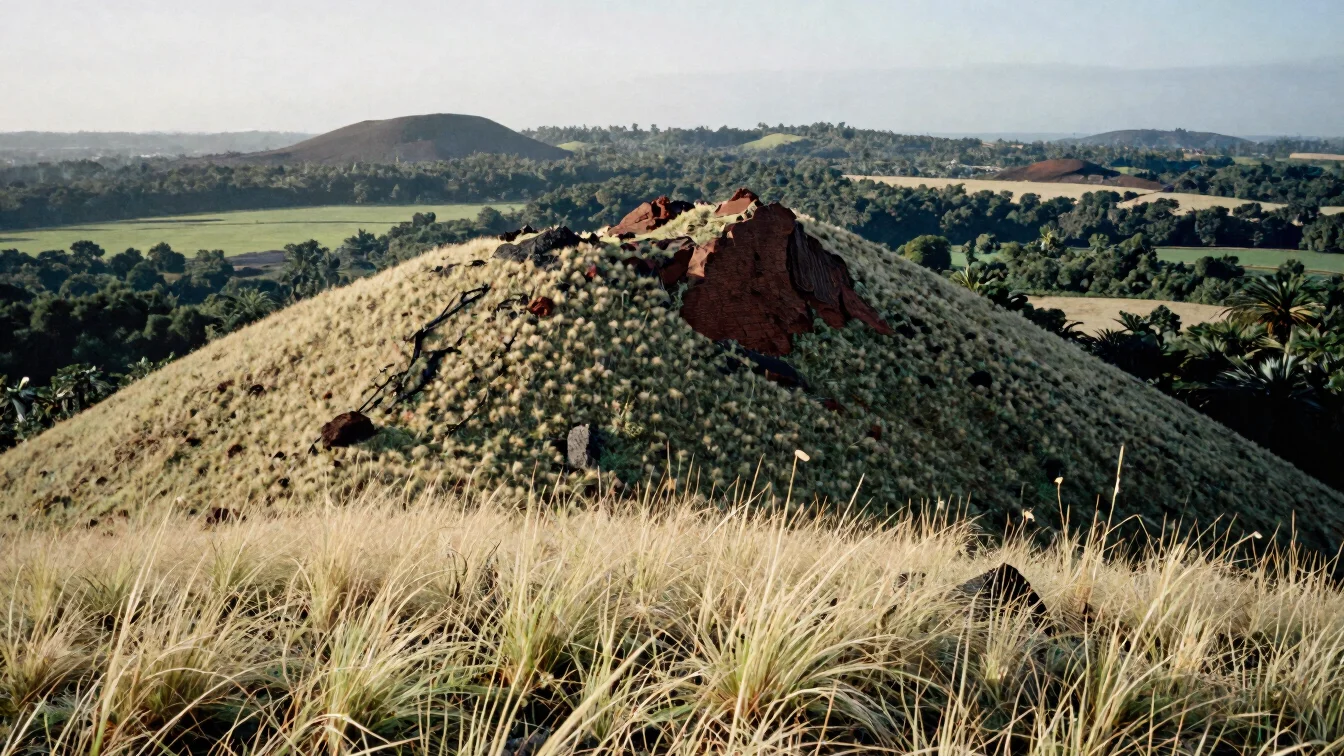 Editorial photograph of a grassy volcanic ridge at late afternoon