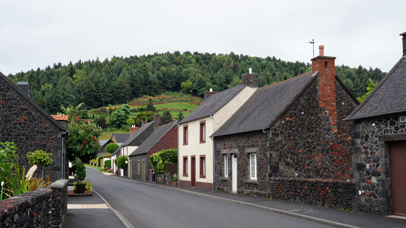 Village street of dark volcanic stone houses in Auvergne under ov