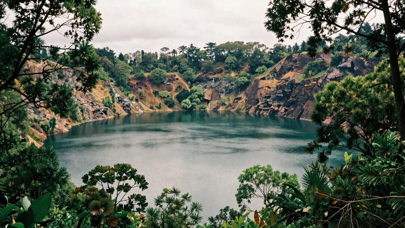 Editorial photograph of a calm crater lake surrounded by beech tr