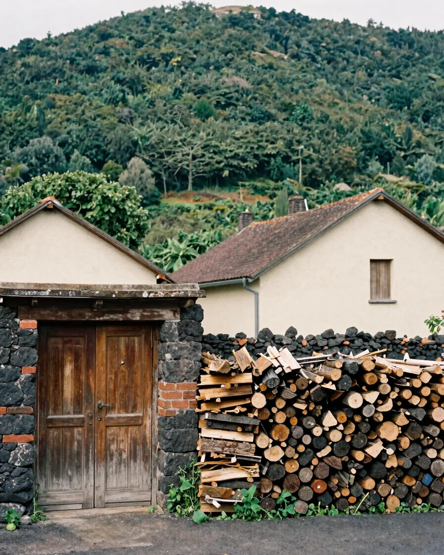 Editorial documentary photograph of a volcanic-stone village stre