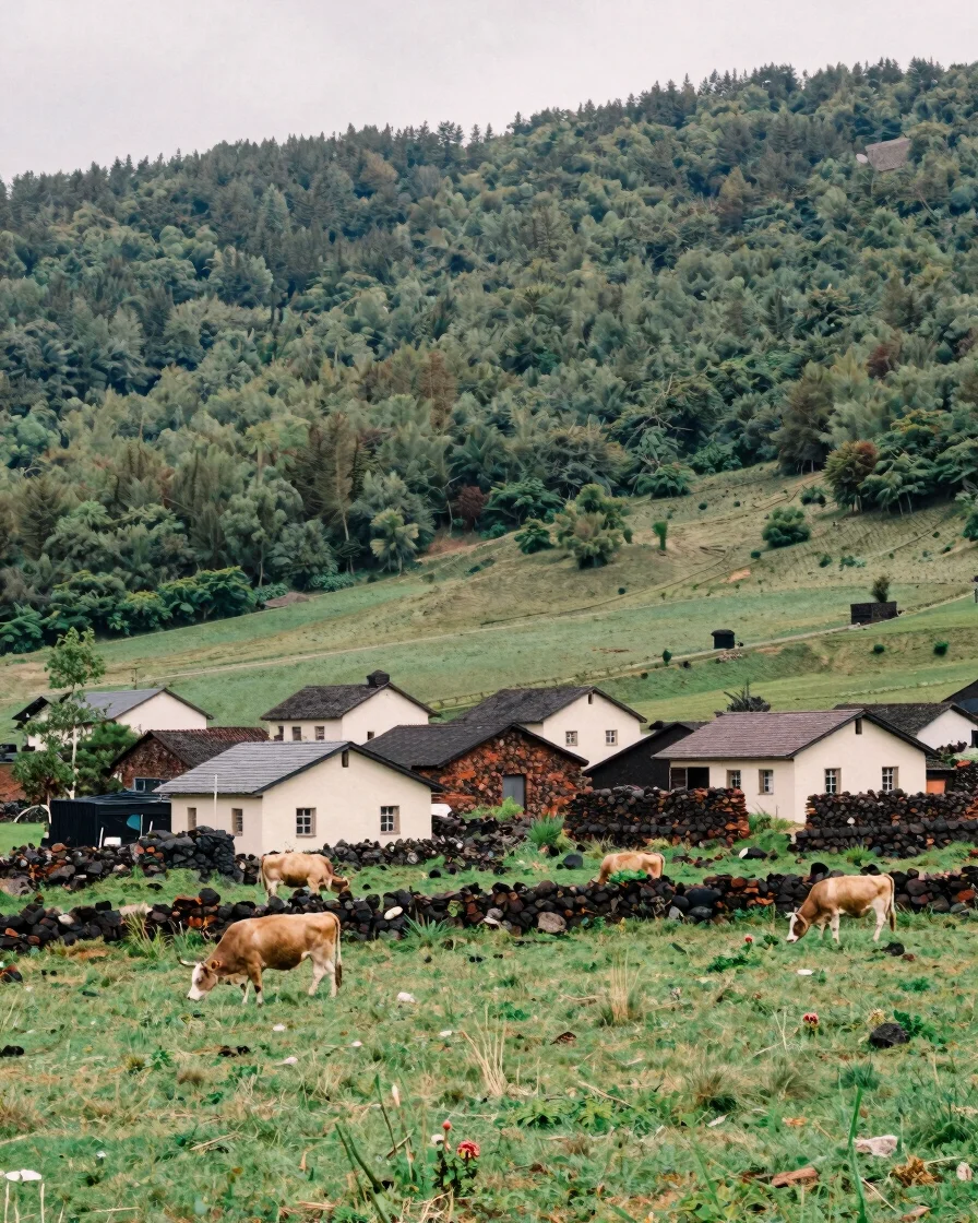 Wide documentary photograph of a volcanic-stone village in the Ca