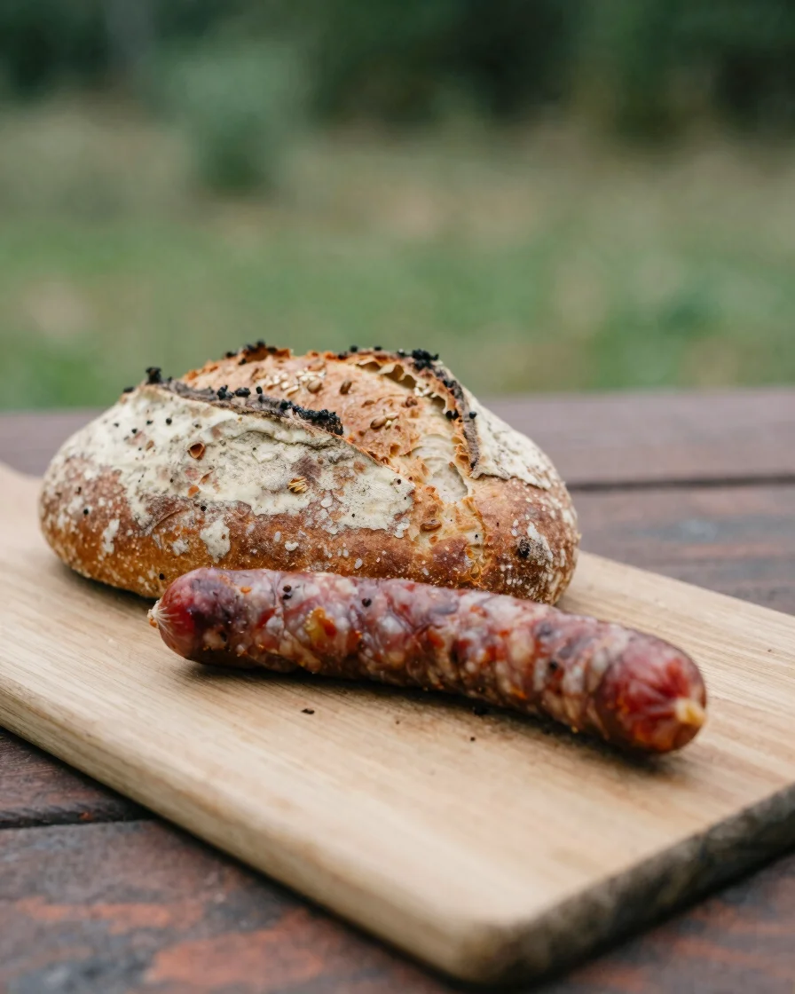 Close documentary photograph of a rye bread crust and a cured sausage on a wooden board in soft natural daylight, warm b