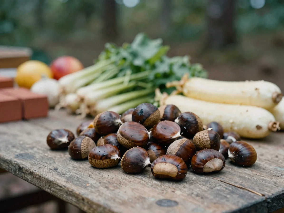 Documentary close-up of autumn chestnuts and seasonal vegetables