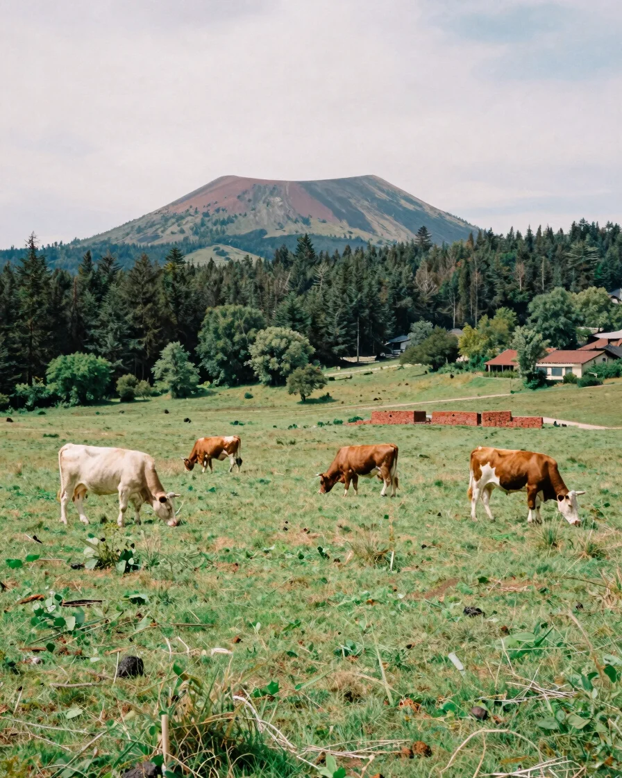 Wide documentary photograph of volcanic pastures in Auvergne unde