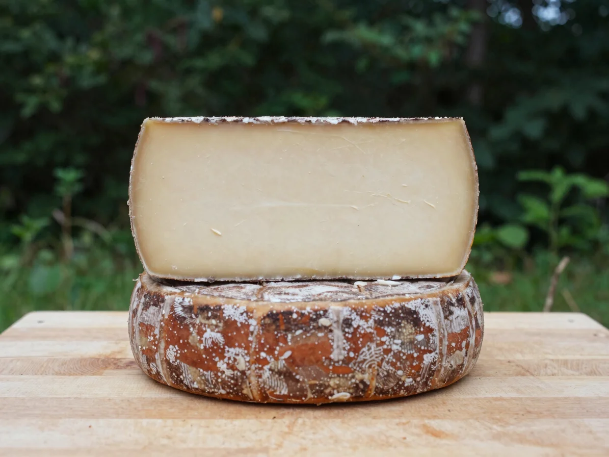 Close documentary photograph of a wheel of Cantal cheese on a woo