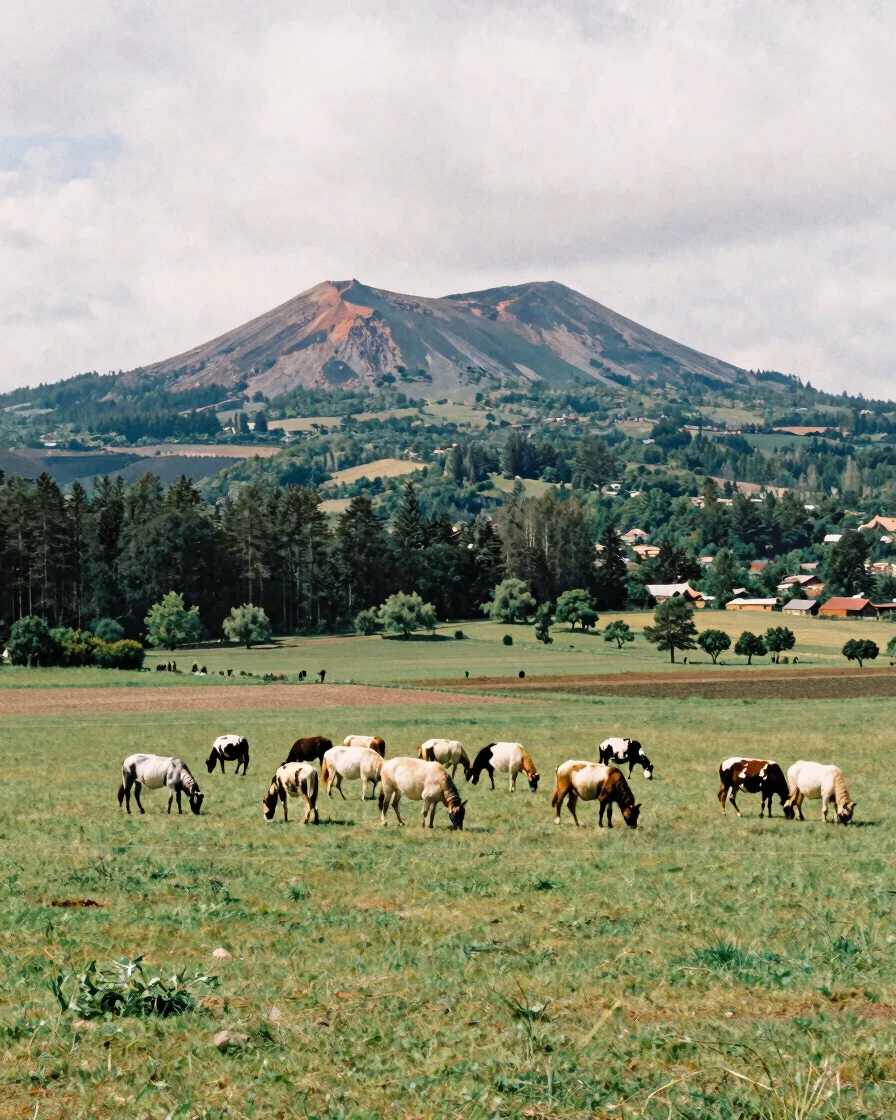 Wide panoramic view of volcanic pastures in Auvergne under soft o